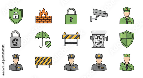 Vector SVG Icon Set of Security and Safety Symbols in Flat Design Style with Green and Gray Colors
