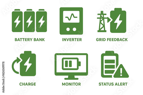Green energy icons: battery bank, inverter, grid feedback, charge, monitor, status alert