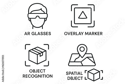 Augmented reality icons: ar glasses, overlay marker, object recognition, spatial object