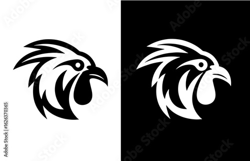 Dynamic rooster head graphic logo. A powerful and modern chicken mascot design icon for branding or a team emblem.