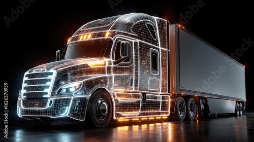 Glowing wireframe of a futuristic semi-truck at a cyber intersection with illuminated grid lines, highlighting next-gen freight technology and digital transportation evolution.