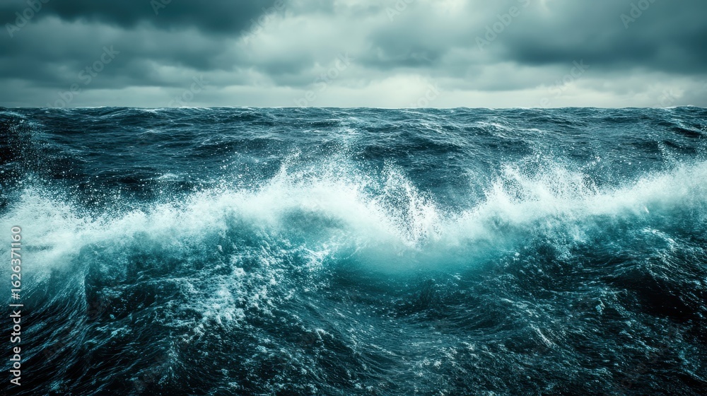 Fototapeta premium Turbulent Ocean Waves Under Dramatic Gray Cloudy Sky Landscape