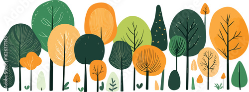 Whimsical hand drawn forest scene with diverse trees in autumnal colors on white background