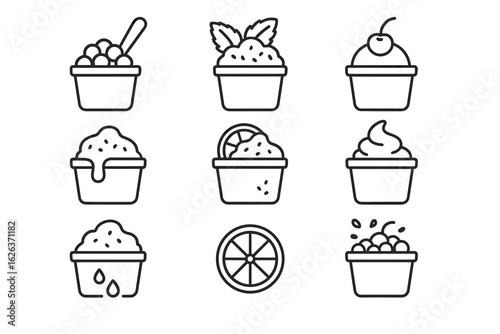Set of nine ice cream icon variations featuring toppings and flavors in line art style