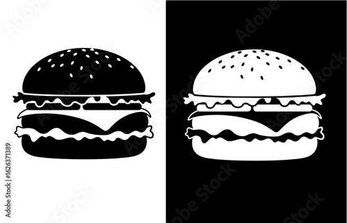 Simple cheeseburger logo concept illustration. Flat black and white burger icon for cafe or fast food branding.
