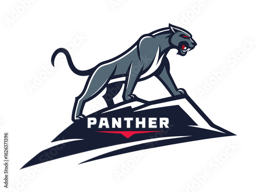 Powerful black panther silhouette, poised and ready. A bold, stylized silhouette of a black panther, standing alert on a stylized hilltop. 