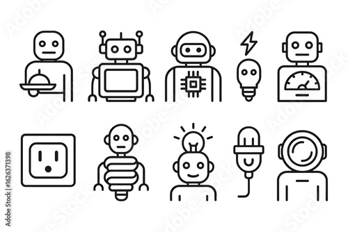 Collection of simple robot icons and electronics line art design symbols