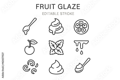 Fruit glaze icons set: spoon, whipped cream, lemon, cherry, mint, drip, swirl