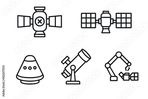 Spacecraft, satellite, telescope, and robotics icon set