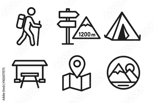 Camping and hiking icons: backpacking, signpost, mountain, tent, picnic, map