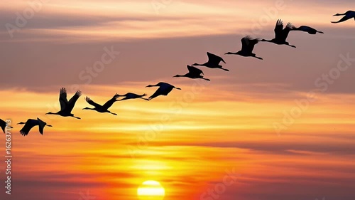 Wallpaper Mural A silhouette of a flock of cranes flying in formation against a beautiful sunset sky Torontodigital.ca