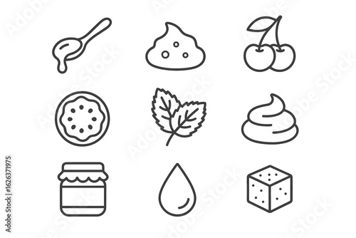 Set of simple food ingredient icons including honey, dough, cherry, cookie, mint, cream, jam, water, sugar cube