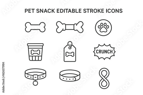 Pet snack icons: bone, paw print, crunch tag, collar, infinity symbol in outline style