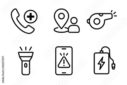 Emergency aid icons: call, location, whistle, flashlight, alert, power bank