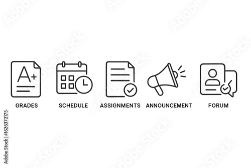 Educational icons: grades, schedule, assignments, announcements, forum