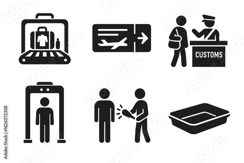Airport security icons: baggage scan, boarding pass, customs, metal detector, inspection, tray