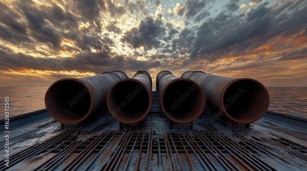 Rusty Industrial Pipes Against Dramatic Sunset Over Calm Water Rusty Industrial Pipes Against Dramatic Sunset Over Calm Water