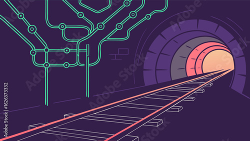 Subway tunnel art vector illustration underground transport system train tracks and subway map design concept