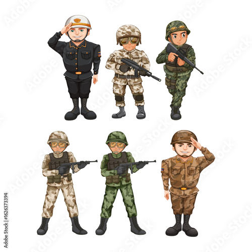 Vector illustration set of cartoon military soldier and police officer characters in uniform