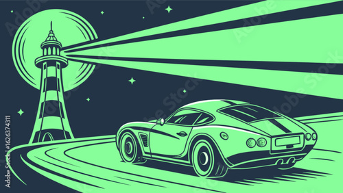 Retro car driving at night by a lighthouse vector illustration graphic design template image stock photo