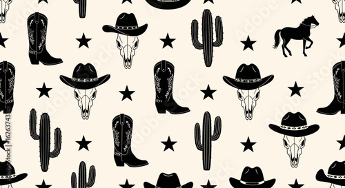Minimalist Vector SVG Pattern with Cowboy Skull Hats Cacti and Stars in Black and White Style