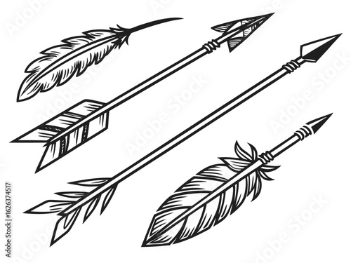 Vintage-style illustration of three stylized arrows in flight. A graphic design featuring three stylized, feathered arrows, in a vintage or retro line art style, against a plain white background. 