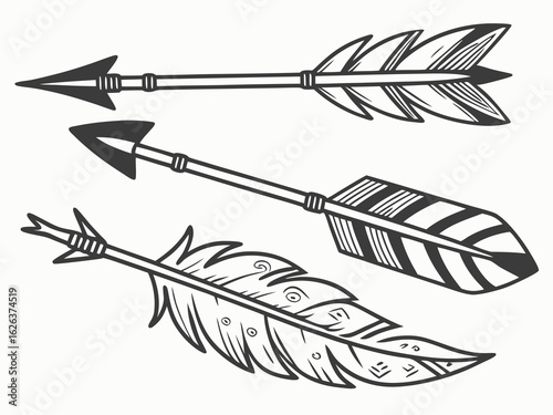Vintage-style illustration of three stylized arrows in flight. A graphic design featuring three stylized, feathered arrows, in a vintage or retro line art style, against a plain white background. 