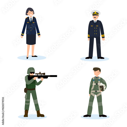 Military professions characters set with flat design vectors