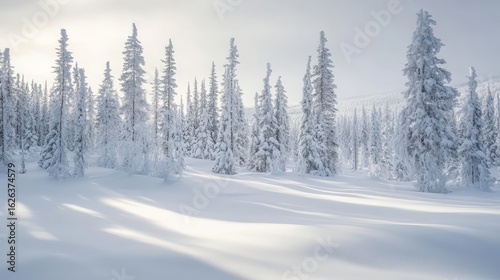 Serene Winter Landscape with Snow-Covered Pine Trees in Frost