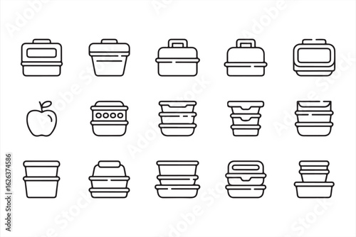 Icons for Lunchboxes, Snack Boxes, and Meal Prep Containers in Line Art Style
