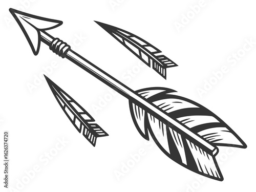 Vintage-style illustration of three stylized arrows in flight. A graphic design featuring three stylized, feathered arrows, in a vintage or retro line art style, against a plain white background. 
