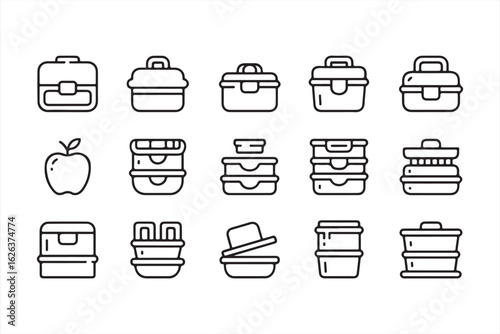 Set of Meal Prep Icons Including Bento Boxes, Lunchboxes, and Food Containers