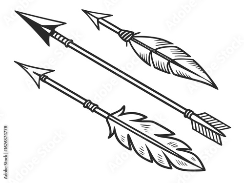 Vintage-style illustration of three stylized arrows in flight. A graphic design featuring three stylized, feathered arrows, in a vintage or retro line art style, against a plain white background. 