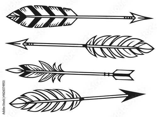 Vintage-style illustration of three stylized arrows in flight. A graphic design featuring three stylized, feathered arrows, in a vintage or retro line art style, against a plain white background. 