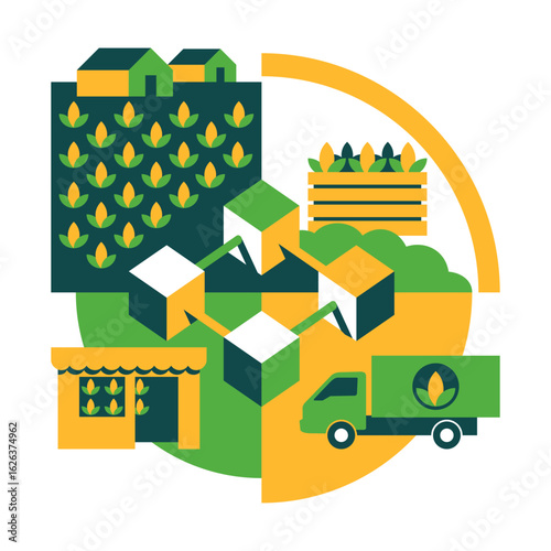 Blockchain technology in agriculture for Food Supply Chain. In geometric style