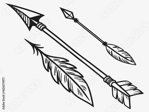 Vintage-style illustration of three stylized arrows in flight. A graphic design featuring three stylized, feathered arrows, in a vintage or retro line art style, against a plain white background. 