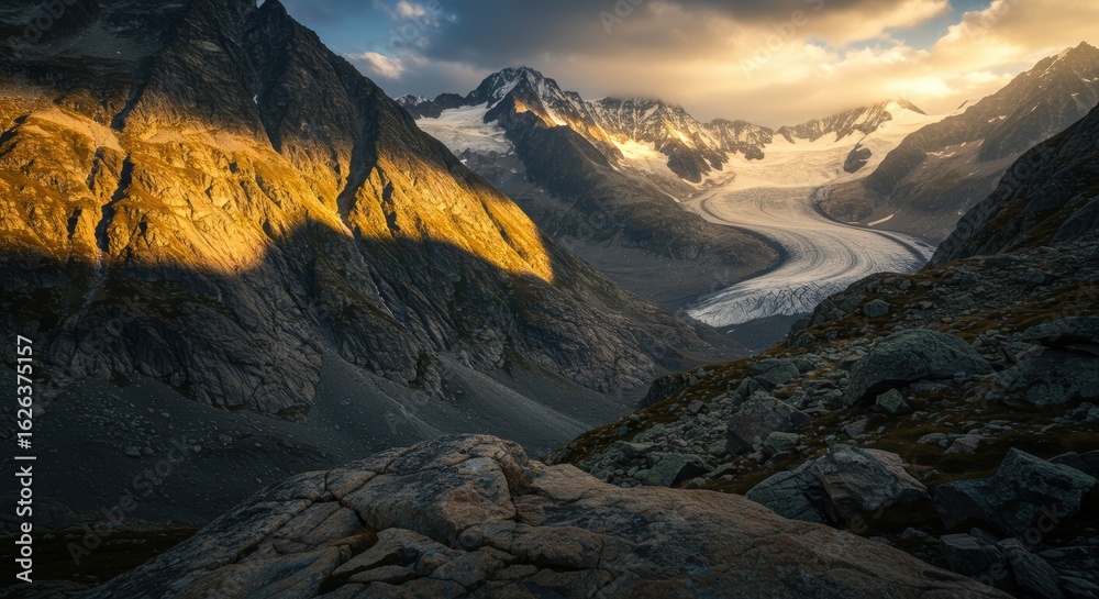 Obraz premium First Light on the Great Aletsch Glacier: A Dance of Golden Light and Shadow