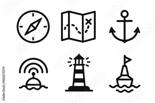 Nautical icon set: compass, map, anchor, buoy, lighthouse in black and white