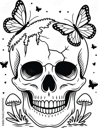Skull with butterflies and mushrooms human skull death