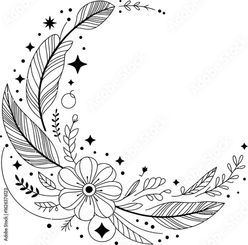 Crescent moon with floral and feather embellishments