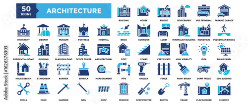 50 Property Development icon set. Containing design Property Development, Built Structure, Architectural, Builder, Home Maintenance	