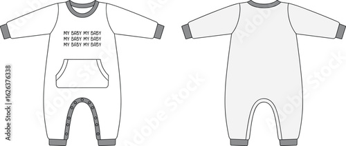 "Infant Baby Romper Bodysuit Fashion Flat Sketch Vector, Long Sleeve Jumpsuit Onesie with Pocket and Snaps, Apparel Technical Drawing, Front and Back."
