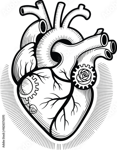 Anatomical heart with gears and rose design human heart