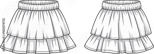 Baby Girl Ruffled Skirt Vector, Tiered Layers and Elastic Waistband, Technical Flat Sketch, Front and Back.
