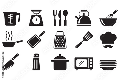Set of Kitchen Utensils, Cookware, and Appliances Icons for Cooking