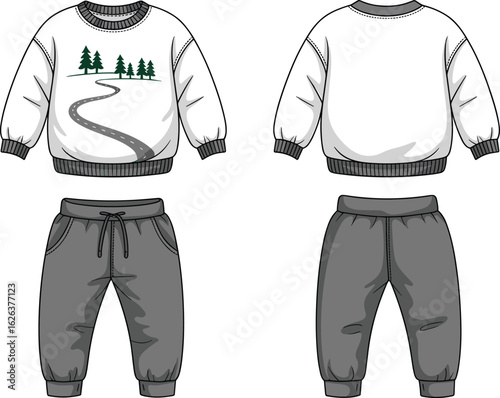 Baby Sweatshirt and Jogger Set Technical Flat Sketch, Front and Back View, Kid's Casual Outfit with Tree Print, Vector Illustration for Fashion Design, and CAD.