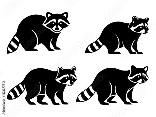 Four stylized black silhouette illustrations of raccoons in different poses on a white background