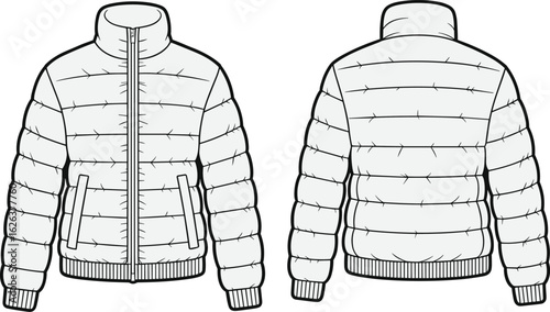 Quilted Puffer Jacket Technical Flat Sketch, Front and Back View, Padded Winter Outerwear Vector Illustration for Fashion Design, Template, and CAD.