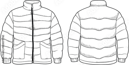 Hand-Drawn Puffer Jacket Sketch, Front and Back View, Quilted Padded Winter Outerwear with Patch Pockets, Vector Illustration for Fashion.