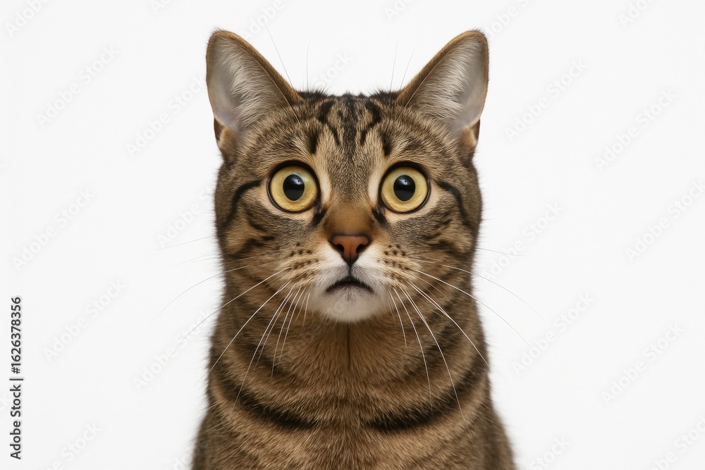 Obraz premium A close-up studio portrait of a brown tabby cat with wide, surprised eyes. The funny feline has a shocked expression looking at the camera on a white background.